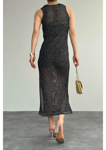 Simli Ajurlu Uzun Elbise - Lacivert-Sarı fiyatları