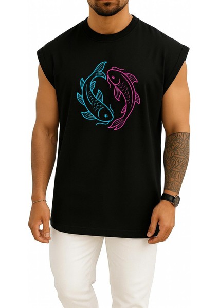 Oversize Neon Koi Yin-Yang – Uyum Denge - Balıklar Göğüs Tasarımlı Atlet