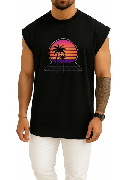 Oversize Synthwave Günbatımı Palmiyeler – Retro Göğüs Tasarımlı Atlet