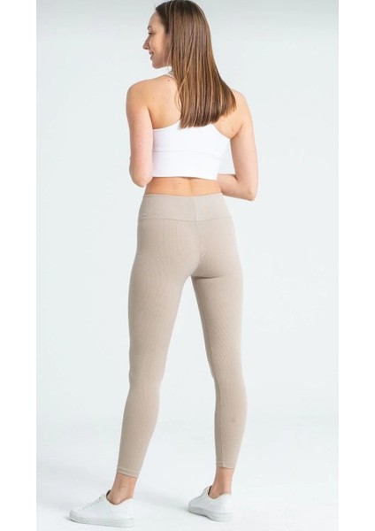 Kadın Yüksek Bel Fitilli Tayt - Bej indirimleri