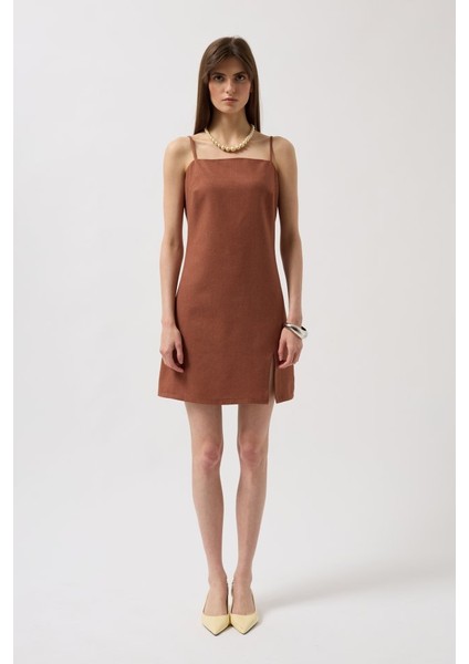 Ip Askılı Yırtmaç Detay Keten Mini Elbise fiyatları