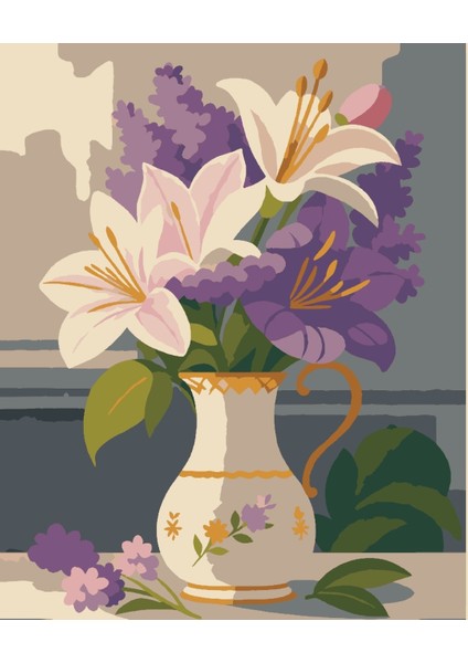 Sayılarla Boyama Seti 40X50 cm (Çıtalı) Fırça Boya Dahil Numaralı Tuval Sürahi Mor Beyaz Lale