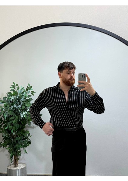 Erkek Siyah Beyaz Dikey Çizgili Yarım Oversize Gömlek Modern Tarz, Nefes Alan Ince Kumaş Şık indirimleri