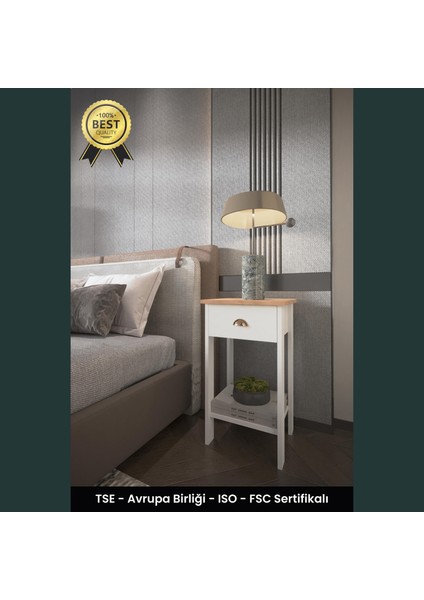 B3CONCEPT Retro Serisi Özel Tasarım Tek Çekmeceli Yatak Yanı Komodin Beyaz & Safir Meşe