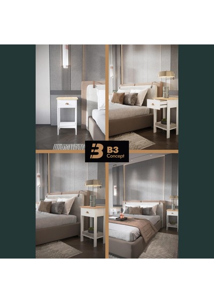 B3CONCEPT Retro Serisi Özel Tasarım Tek Çekmeceli Yatak Yanı Komodin Beyaz & Safir Meşe fiyatları