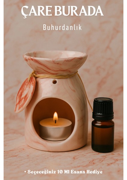 Kırmızı Mermer Desenli Yapraklı Buhurdanlık (Seçeceğiniz 10 ml Esans Hediye)