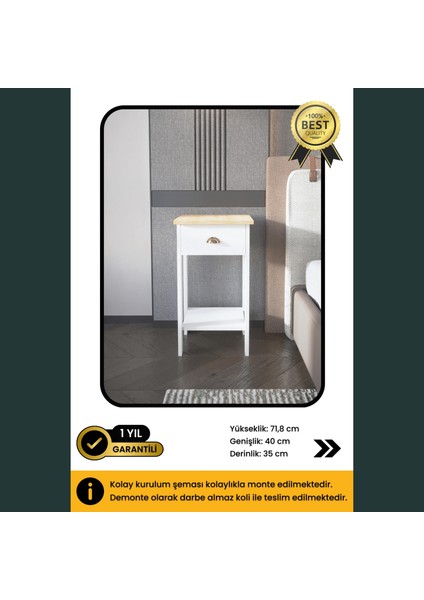 B3CONCEPT Retro Serisi Özel Tasarım Tek Çekmeceli Yatak Yanı Komodin Beyaz & Safir Meşe indirimleri