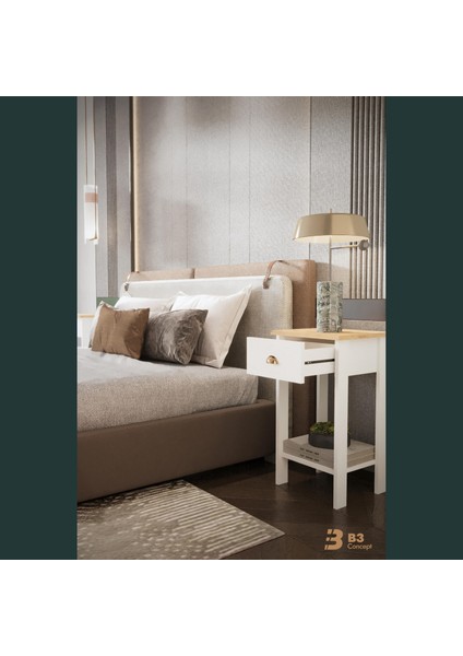 B3CONCEPT Retro Serisi Özel Tasarım Tek Çekmeceli Yatak Yanı Komodin Beyaz & Safir Meşe