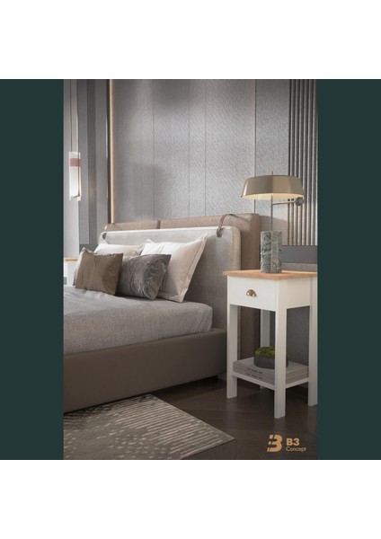B3CONCEPT Retro Serisi Özel Tasarım Tek Çekmeceli Yatak Yanı Komodin Beyaz & Safir Meşe