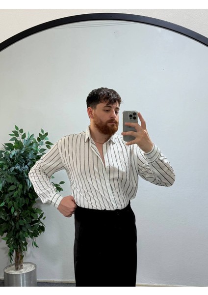 Erkek Beyaz Dikey Çizgili Yarım Oversize Gömlek Modern Tarz, Nefes Alan Ince Kumaş Şık Rahat Kalıp fiyatları