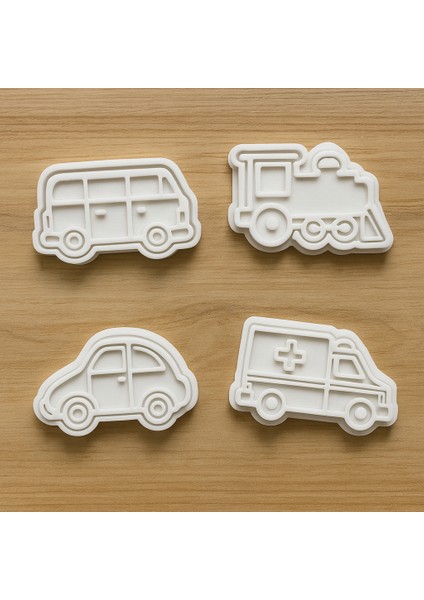 Araç Temalı Kurabiye ve Oyun Hamuru Kalıbı Seti – Tren, Ambulans, Araba, Otobüs