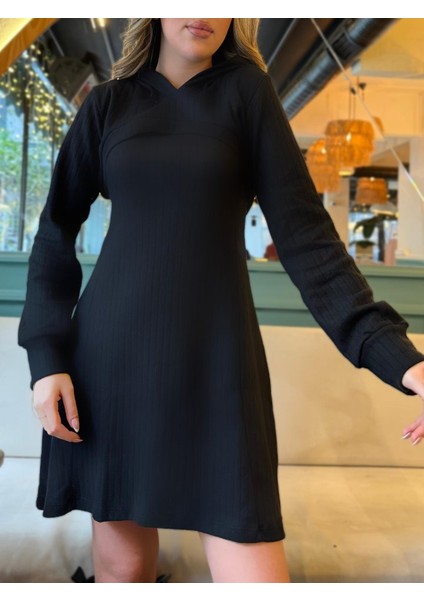 Kadın Uzun Kollu Kapüşonlu Ceket Üst ve Askısız Kare Yaka A Kesim Şardonlu Kaşkorse Elbise fiyatları