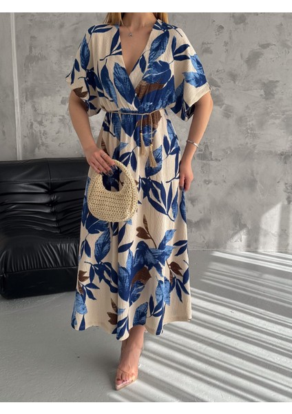 Kruvaze Yaka Viskon Kumaş Etnik Desenli Elbise Oversıze Yırtmaç Detay fiyatları