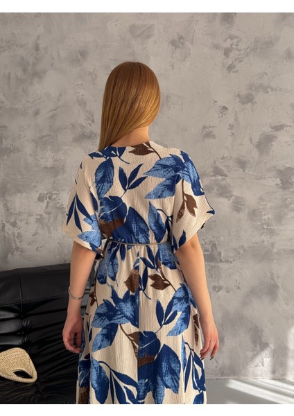 Kruvaze Yaka Viskon Kumaş Etnik Desenli Elbise Oversıze Yırtmaç Detay modelleri