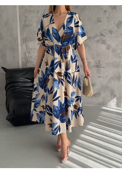 Kruvaze Yaka Viskon Kumaş Etnik Desenli Elbise Oversıze Yırtmaç Detay fırsatları