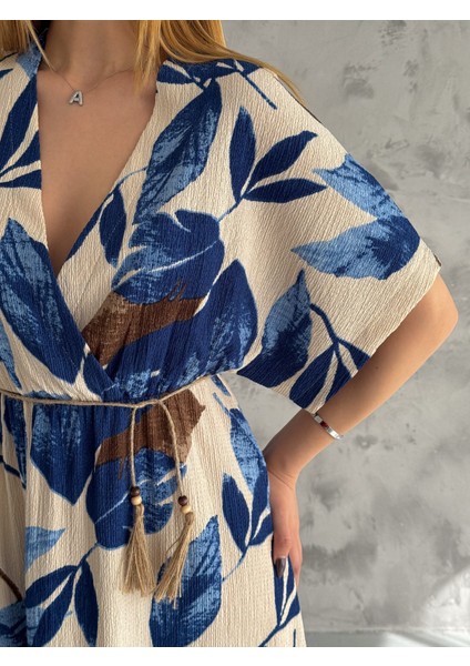 Kruvaze Yaka Viskon Kumaş Etnik Desenli Elbise Oversıze Yırtmaç Detay indirimleri