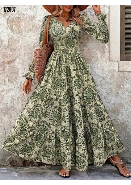 Uzun Kollu V Yakalı Desenli Büyük Beden Süprem Elbise 172807