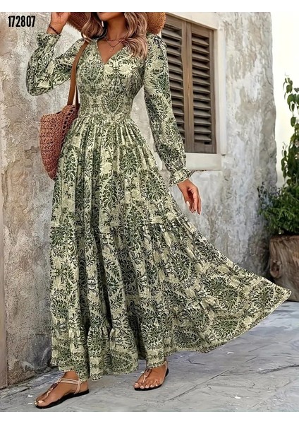 Uzun Kollu V Yakalı Desenli Büyük Beden Süprem Elbise 172807 modelleri