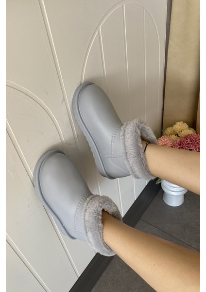 Gri Su Geçirmez Içi Kürklü Kısa Kadın Hafif Yağmur Botu TMD2025200