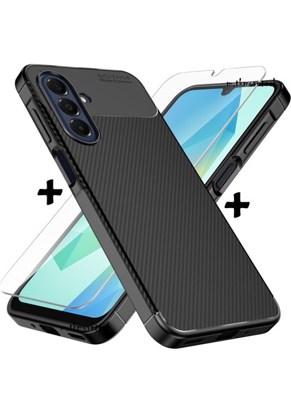 Samsung Galaxy S25 Fe Kılıf Kamera Korumalı Karbon Desenli Uzun Ömürlü Renk Atmaz Koruyucu Silikon + Ekran Koruyucu Cam Set 2in1
