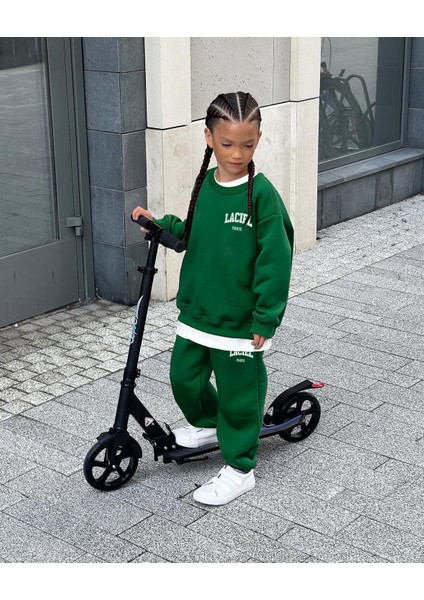 Unisex Çocuk Pamuklu Yeşil Sweatshirt Eşofman Alt-Üst Takım