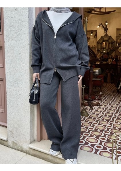 Yeni Sezon Antrasit Çelik Örme Çift Fermuarlı Triko Takım
