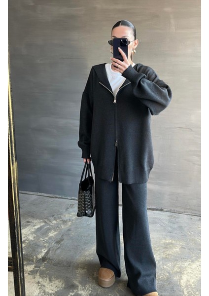 Yeni Sezon Antrasit Çelik Örme Çift Fermuarlı Triko Takım modelleri