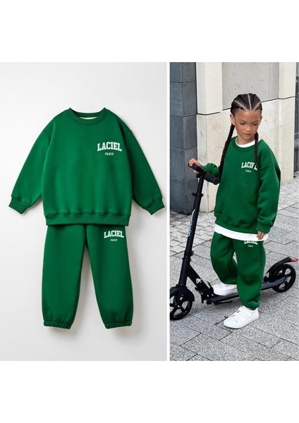 Unisex Çocuk Pamuklu Yeşil Sweatshirt Eşofman Alt-Üst Takım fırsatları