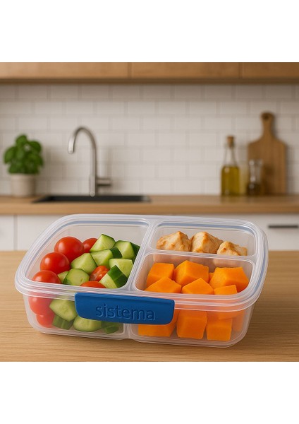 To Go 820ML 3 Bölmeli Klipli Saklama Kabı – Bpa’sız, Mikrodalga & Bulaşık Makinesi Uyumlu, Mavi Kapaklı