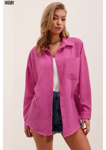 Tek Cepli Oversize Keten Gömlek - Afuşya