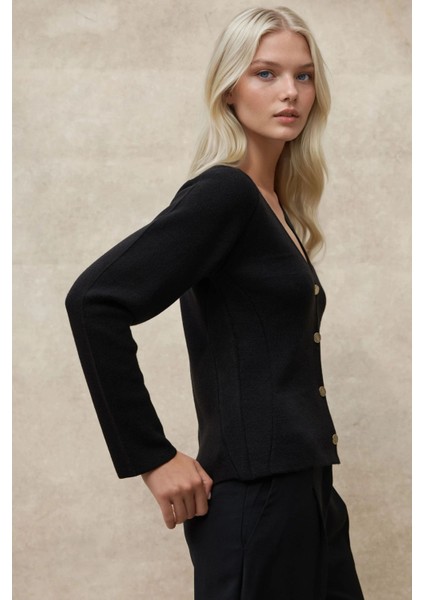 Kadın Düğmeli V Yaka Bele Oturan Triko Hırka Black indirimleri