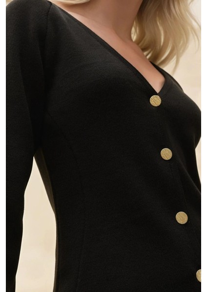 Kadın Düğmeli V Yaka Bele Oturan Triko Hırka Black