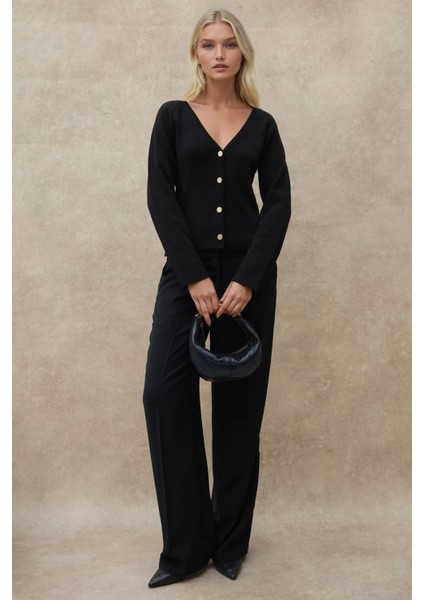 Kadın Düğmeli V Yaka Bele Oturan Triko Hırka Black fiyatları