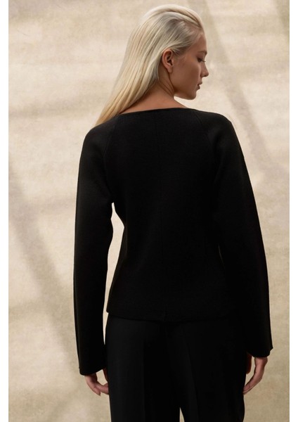 Kadın Düğmeli V Yaka Bele Oturan Triko Hırka Black fırsatları