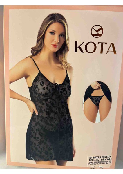 Siyah Dantel Desenli Şeffaf Gecelik & String Takımı