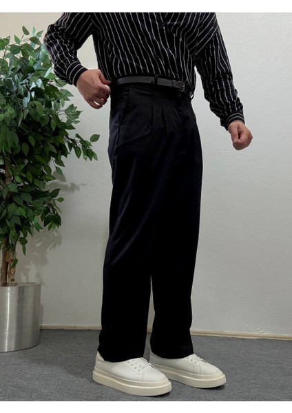 Erkek Siyah Yüksek Bel Pileli Kumaş Pantolon Modern Düğmeli Şık ve Günlük Kullanıma Uygun fiyatları