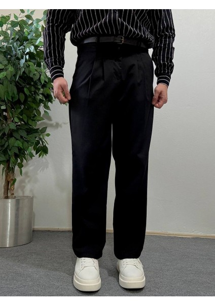 Erkek Siyah Yüksek Bel Pileli Kumaş Pantolon Modern Düğmeli Şık ve Günlük Kullanıma Uygun modelleri