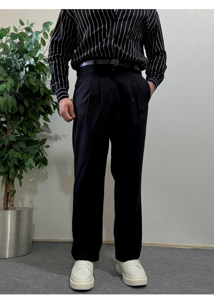 Erkek Siyah Yüksek Bel Pileli Kumaş Pantolon Modern Düğmeli Şık ve Günlük Kullanıma Uygun indirimleri