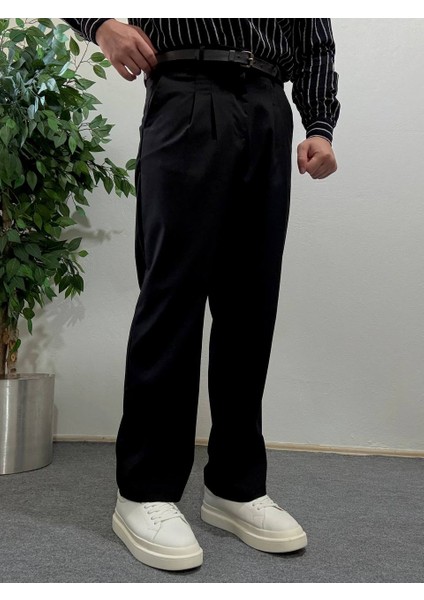 Erkek Siyah Yüksek Bel Pileli Kumaş Pantolon Modern Düğmeli Şık ve Günlük Kullanıma Uygun