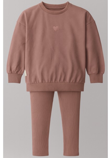 Kız Çocuk Pudra Pembe Kalp Detaylı Sweatshirt ve Tayt Takım - Rahat Günlük Kombin