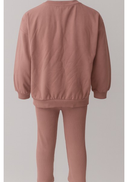 Kız Çocuk Pudra Pembe Kalp Detaylı Sweatshirt ve Tayt Takım - Rahat Günlük Kombin fiyatları