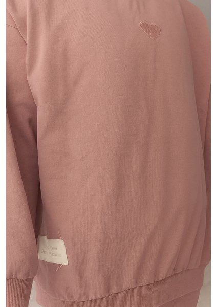Kız Çocuk Pudra Pembe Kalp Detaylı Sweatshirt ve Tayt Takım - Rahat Günlük Kombin modelleri