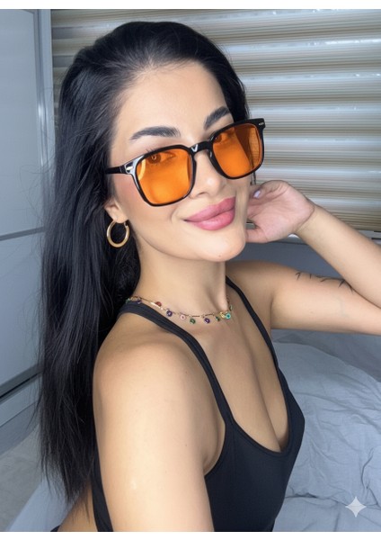 Mocha Turuncu Camli Siyah Çerçeveli Köşeli Unisex Güneş Gözlüğü Hit Model