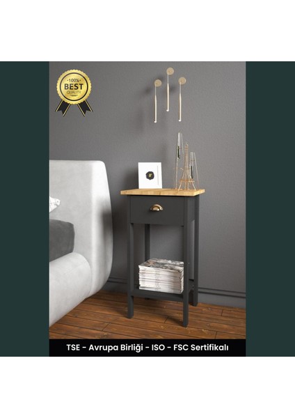 Retro Serisi Özel Tasarım Tek Çekmeceli Yatak Yanı Komodin Siyah & Safir Meşe
