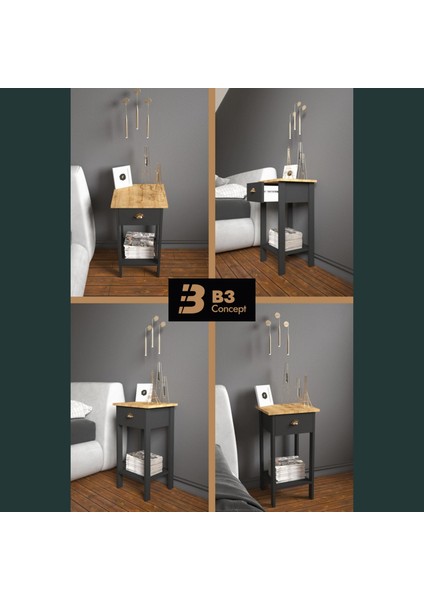 Retro Serisi Özel Tasarım Tek Çekmeceli Yatak Yanı Komodin Siyah & Safir Meşe fiyatları