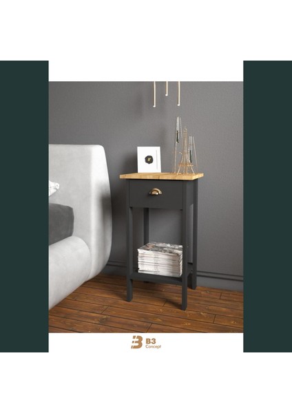 Retro Serisi Özel Tasarım Tek Çekmeceli Yatak Yanı Komodin Siyah & Safir Meşe