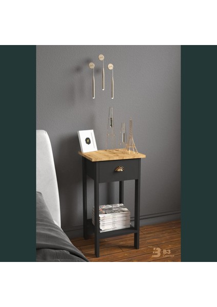 Retro Serisi Özel Tasarım Tek Çekmeceli Yatak Yanı Komodin Siyah & Safir Meşe