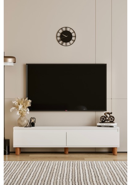 Mila beyaz Mdf 160 cm Tv Ünitesi-Raflı,kapaklı,ayaklı