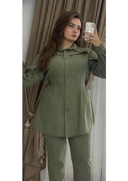 Haki Renk Belden Kuşaklı Pantolonlu Takım