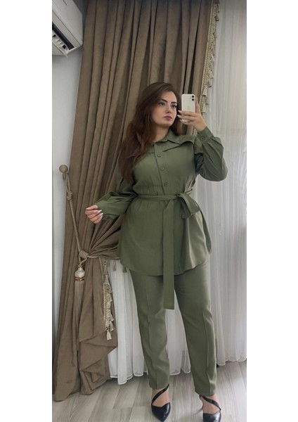 Haki Renk Belden Kuşaklı Pantolonlu Takım fiyatları